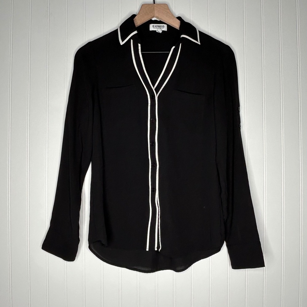 Express Portofino Shirt Womens XS Black White Piping Button Down Blouse